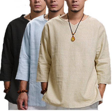 Chinese long-sleeved men's shirt v single collar loose shirt
