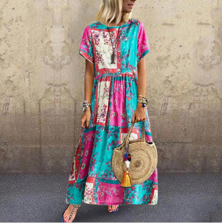 Printed pleated long round neck short sleeve dress