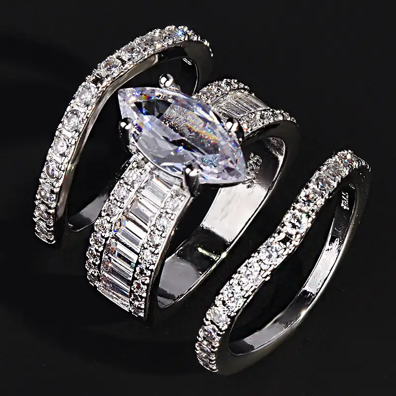 Zircon ring silver plated 18K gold three piece set ring