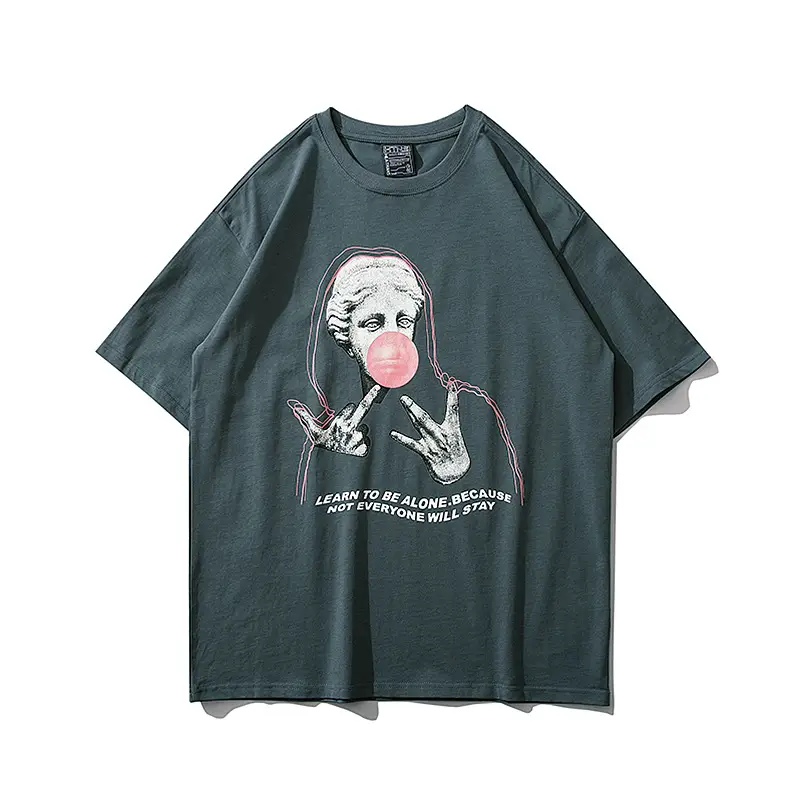 Portrait Print Graphic T-Shirt, Loose Fit Cotton Crew Neck Short Sleeve Tee — Grey, M