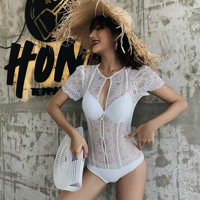 Lace cut out one piece swimsuit White - Shop at LoveMi