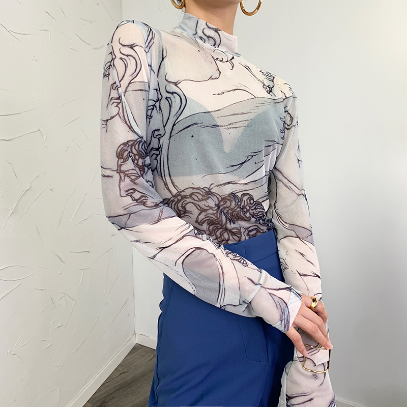 Lace mesh half-neck slim T-shirt