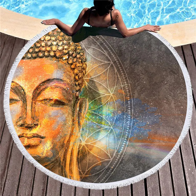 Indian Buddha Statue Round Beach Towel