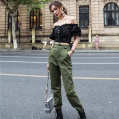High waist overalls loose casual harem pants - Green - View 1
