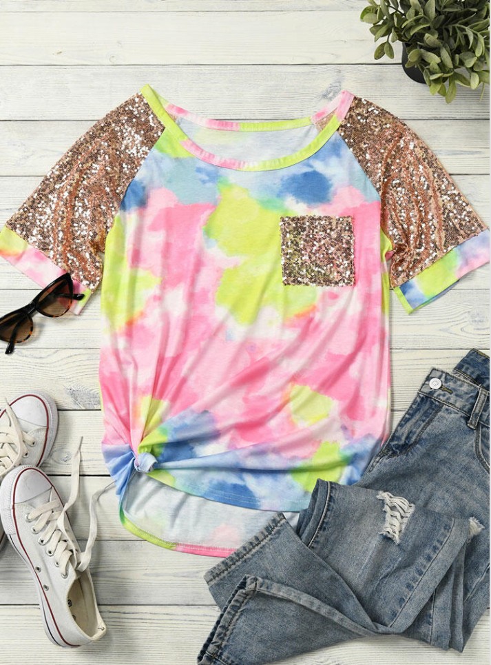 Tie-dye sequined short sleeve women