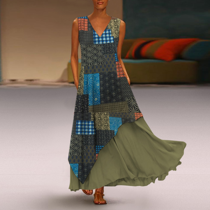 V-neck sleeveless rear zipper long irregular female skirt