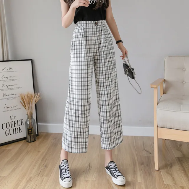 Cotton and linen checked wide leg pants White - Shop at LoveMi