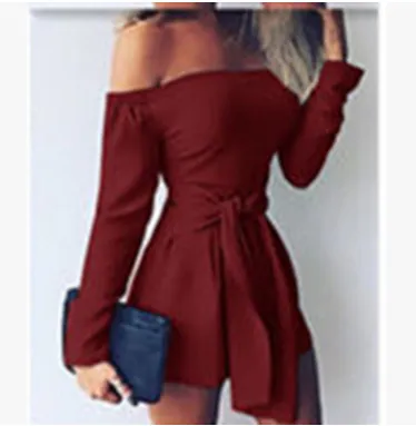 Off shoulder long sleeve Jumpsuit dress Wine Red - Shop at LoveMi