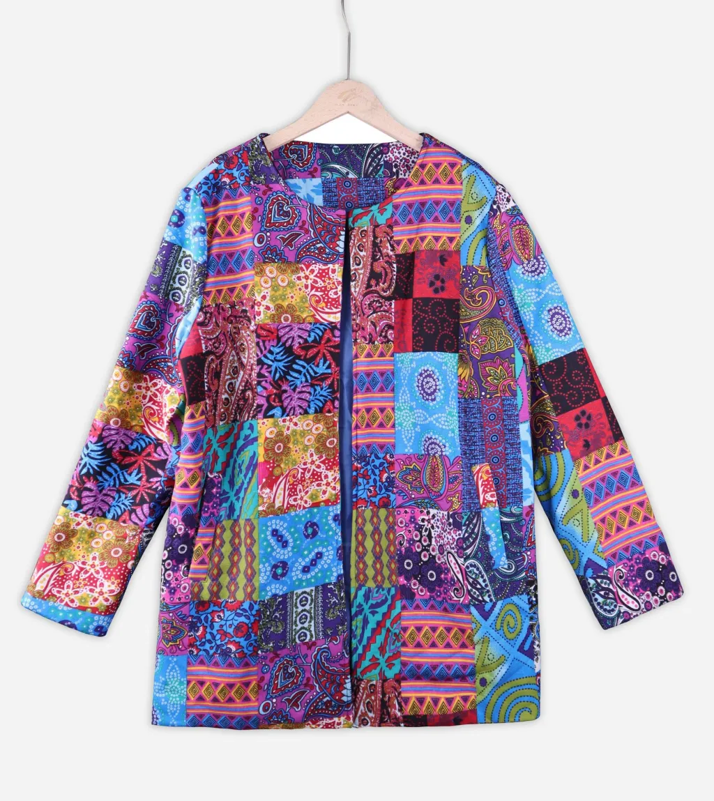 Printed loose long sleeve jacket - Blue