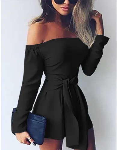 Off shoulder long sleeve Jumpsuit dress - Black