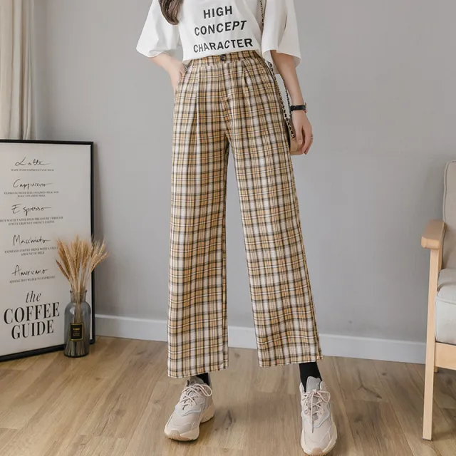 Cotton and linen checked wide leg pants Khaki - Shop at LoveMi