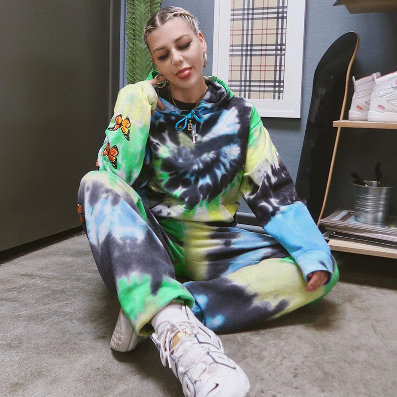 Tie-dye butterfly print loose zip hooded sweatshirt