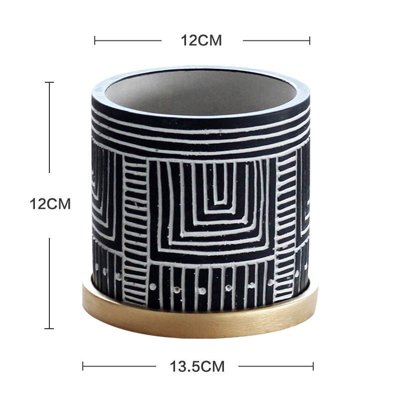 Dimensions shown for striped version of the cement pot