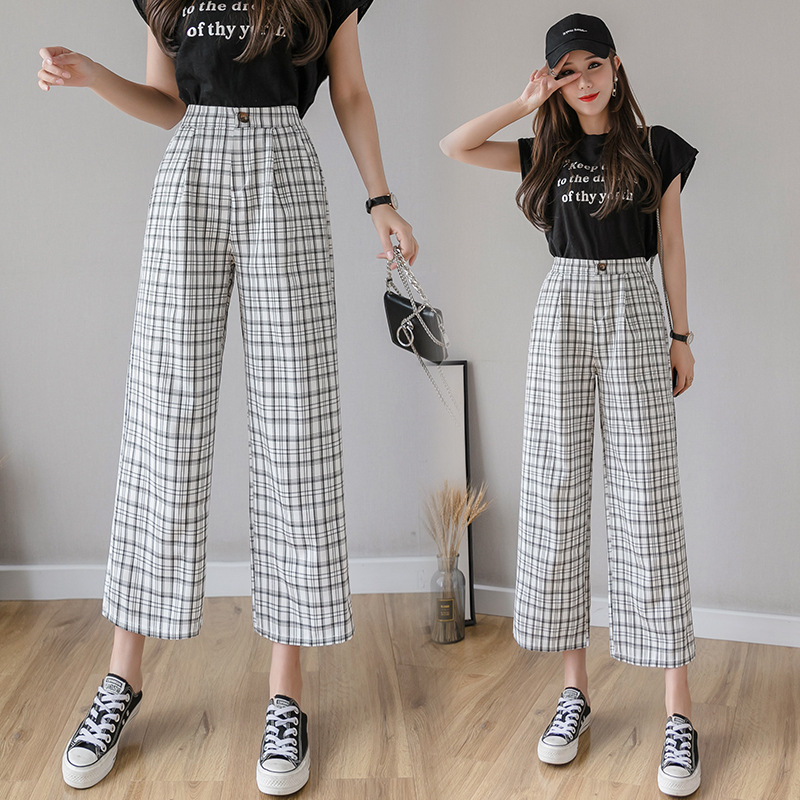 Cotton and linen checked wide-leg pants