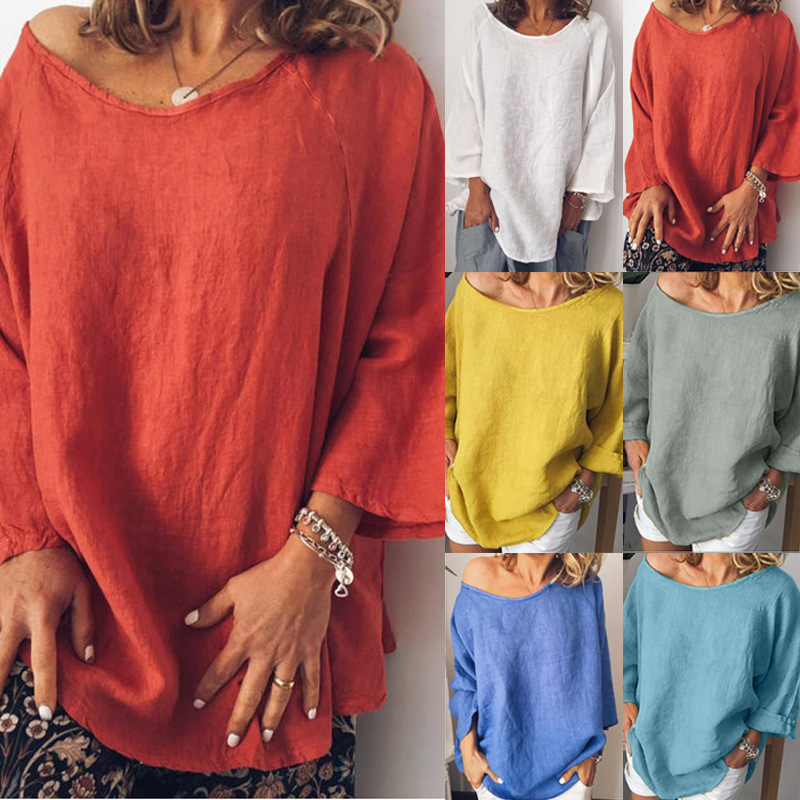 Cotton and linen solid color loose top