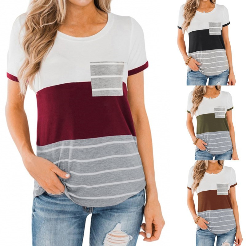 Tri-color stitching short sleeve striped t-shirt