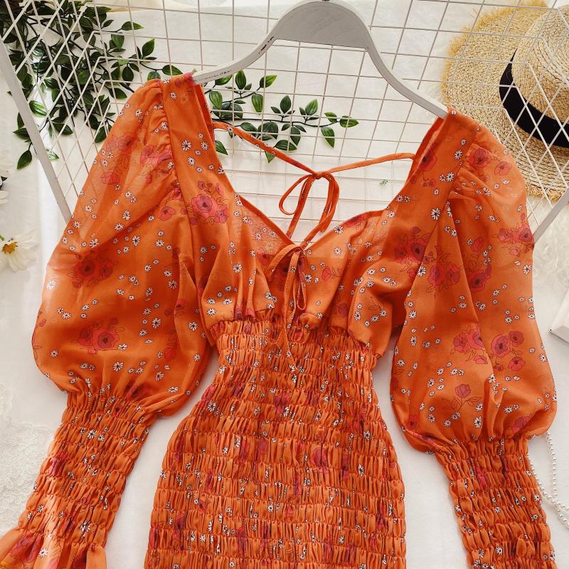 Floral bubble sleeve hip dress