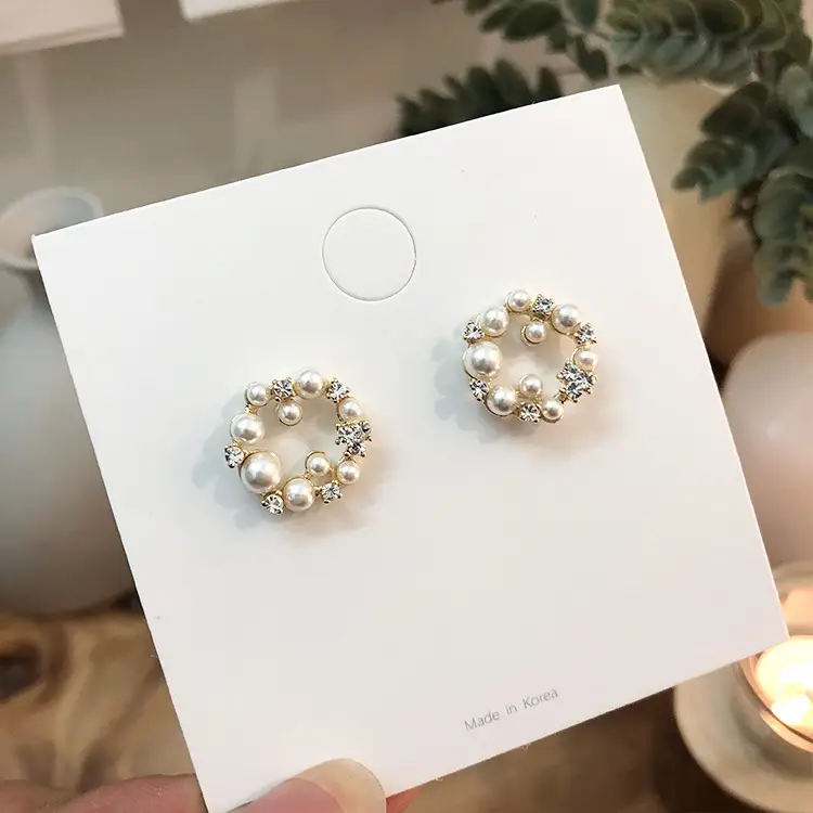 Round Pearl Zircon Stud Earrings