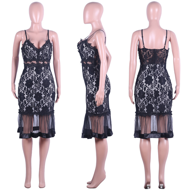 Gauze stitching sexy Pleated Dress