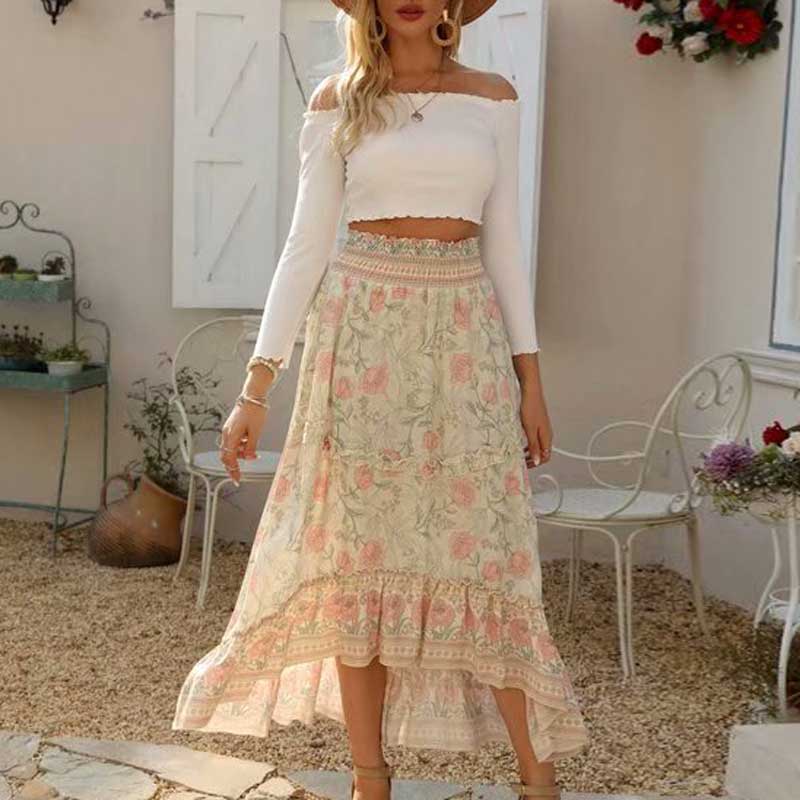 Elastic waist and ruffled irregular swing skirt