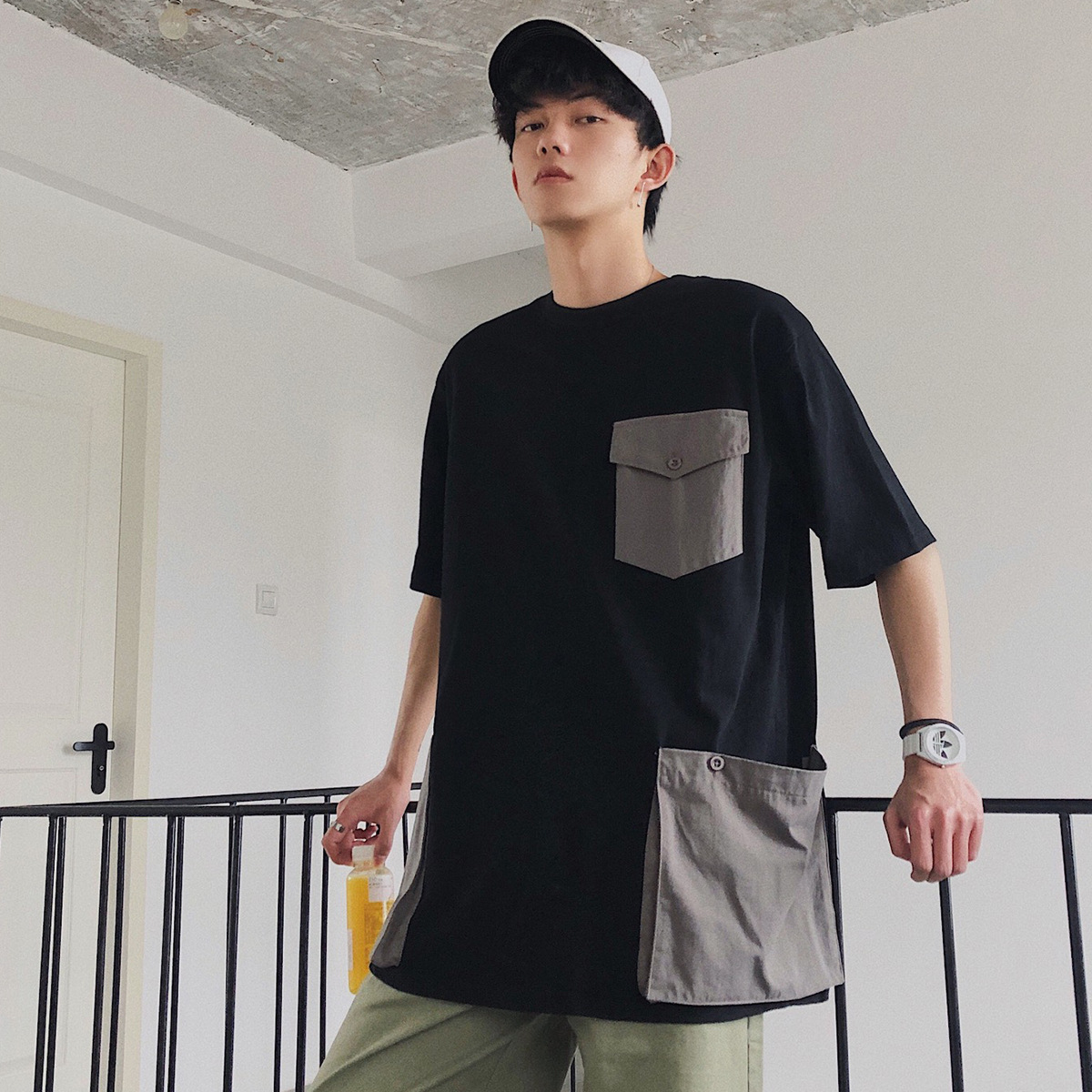 Large pocket crew neck loose short sleeve