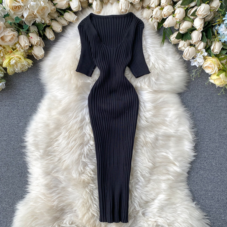 V-neck solid color knitted pit strip hip bag hip skirt