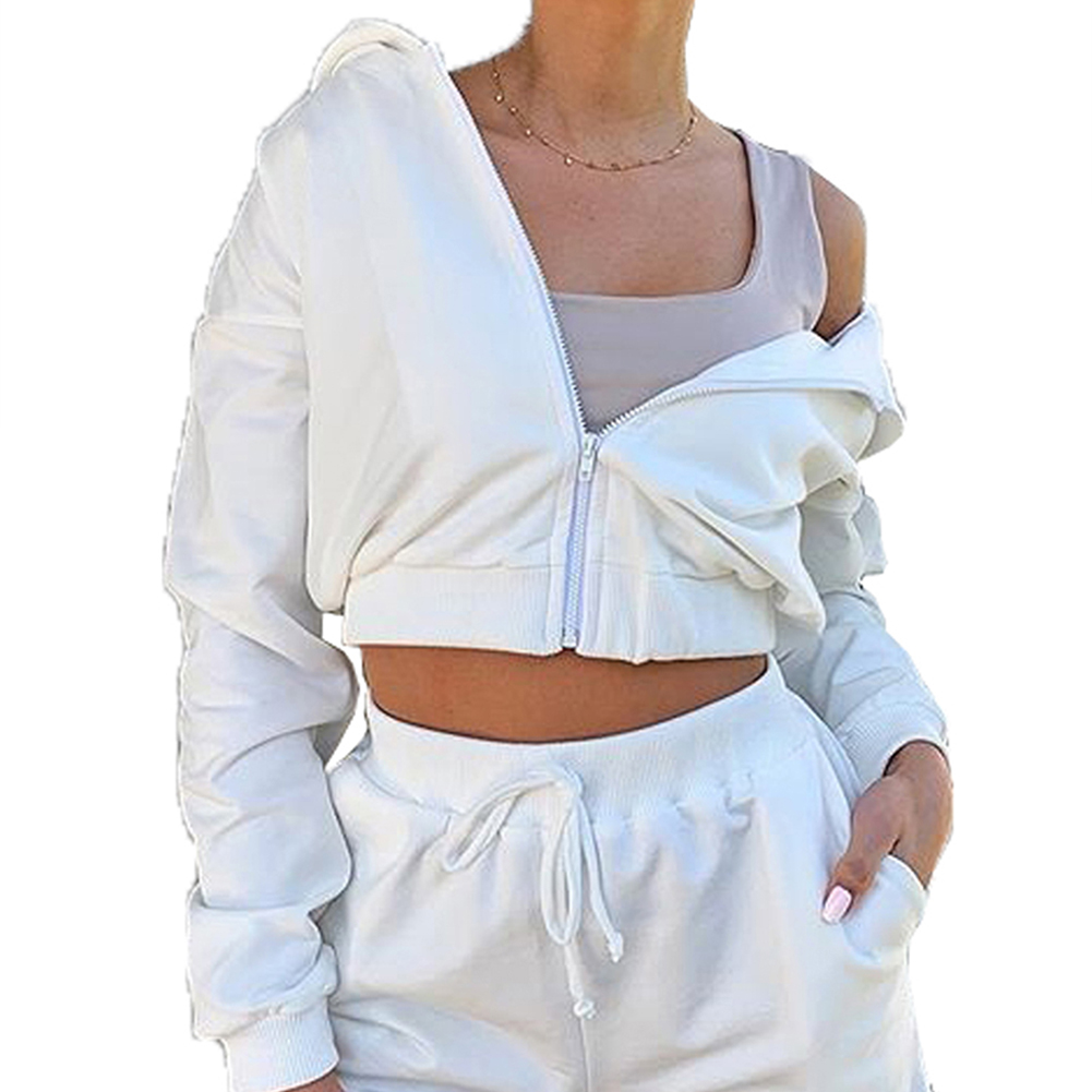 Hooded zipper loose sports shorts long sleeve suit