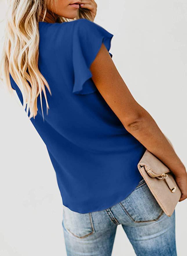 Women Buttoned V-neck top Ruffled sleeves knotted