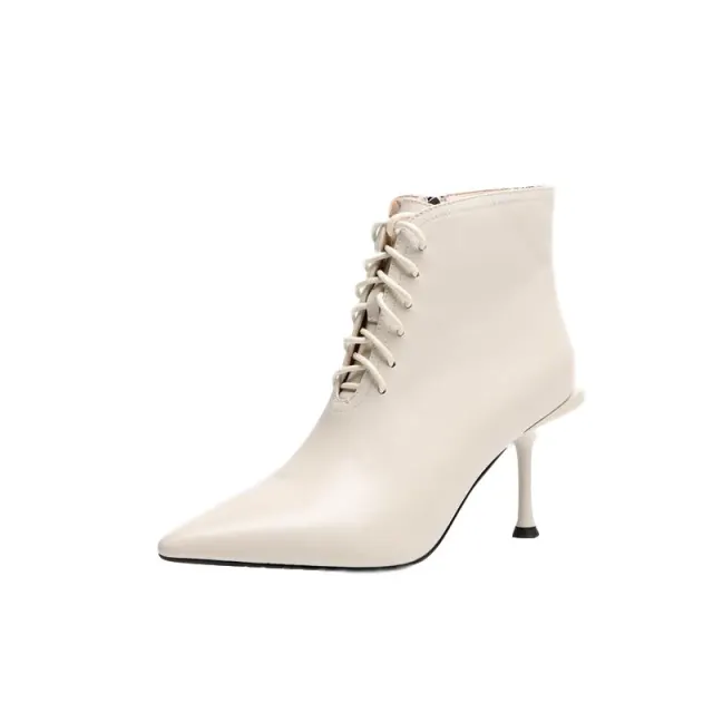 Pointed lace up booties Beige - Shop at LoveMi