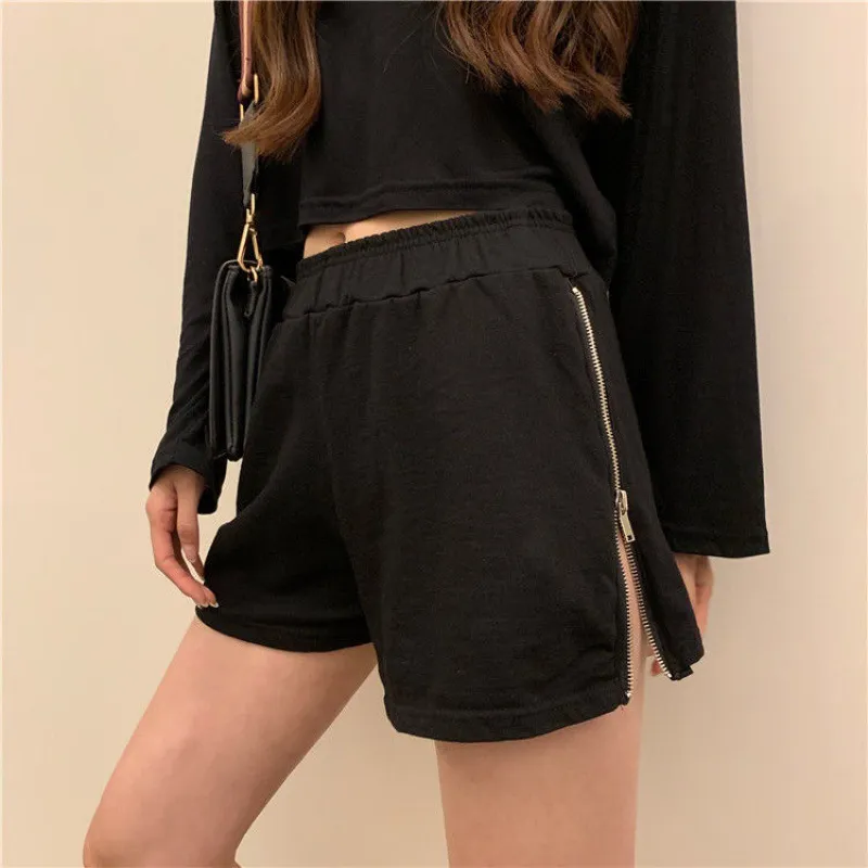 Loose high waist versatile zipper shorts - Black