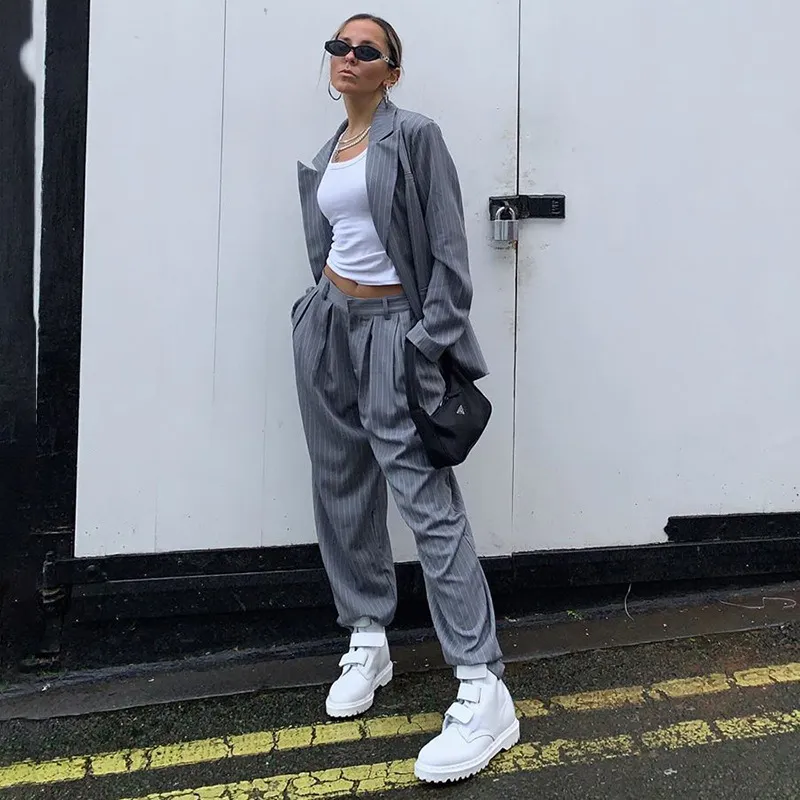 High waist loose slimming striped suit pants - Grey