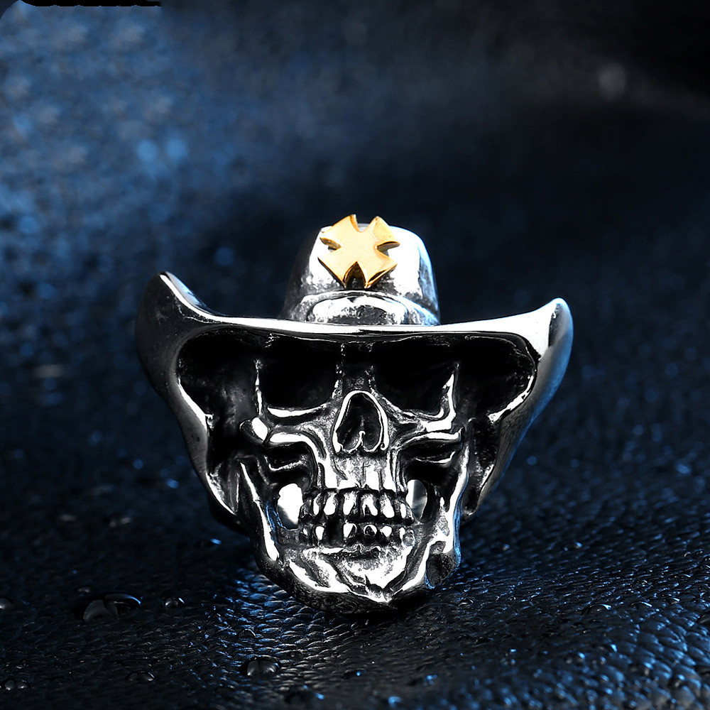 Herren Cowboy Totenkopf Ring Edelstahl Western Biker Gothic Band Größe 6-14 - Bild 5 von 5