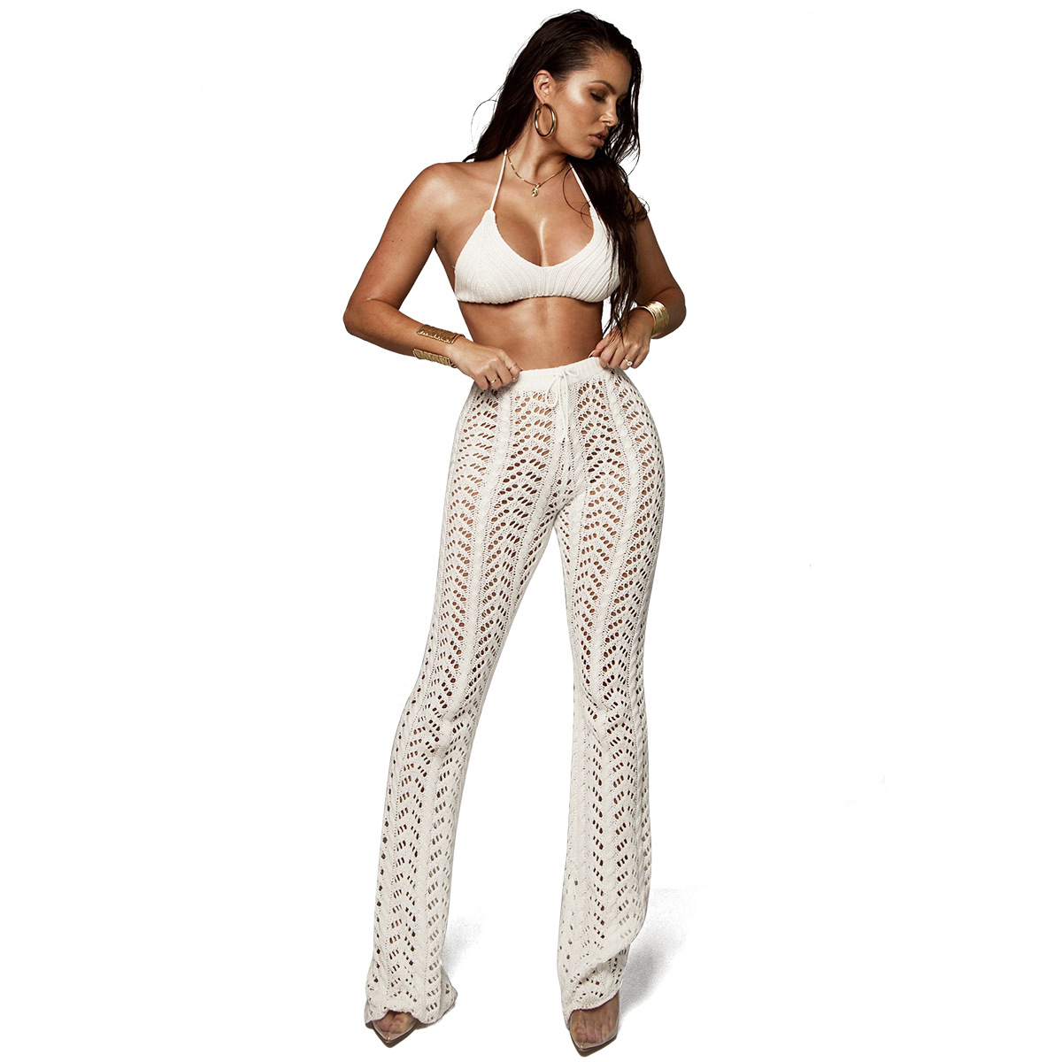 Women's nightclub cutout knitted trousers White - Shop at LoveMi
