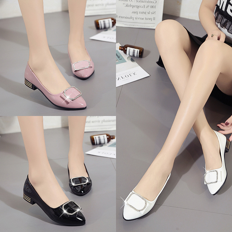 Rhinestone square buckle bow flat shoes