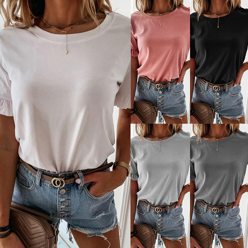 Solid color pullover ruffled round neck T-shirt