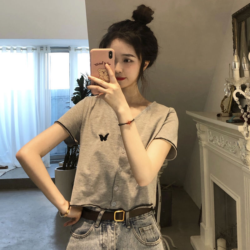 Butterfly V-neck short T-shirt