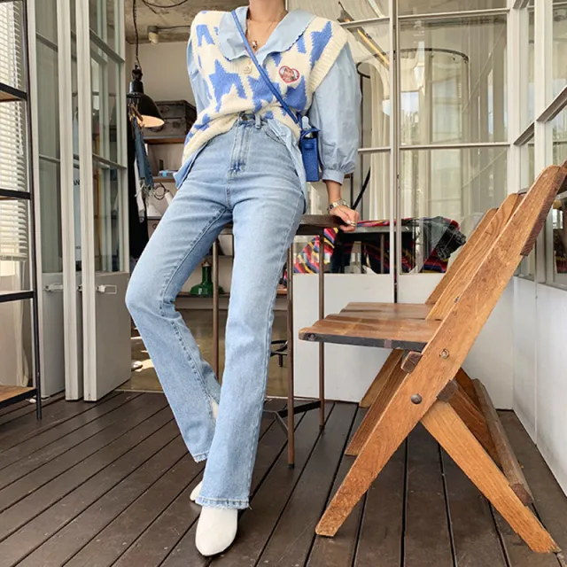 High waist side split slimming straight pants mopping floor jeans Light Blue - Shop at LoveMi