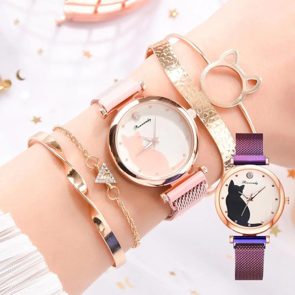 Women's Cat Watch Bracelet Set