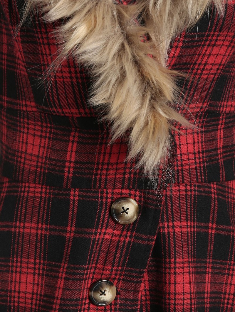Fur collar hooded slim plaid back mid-length jacket