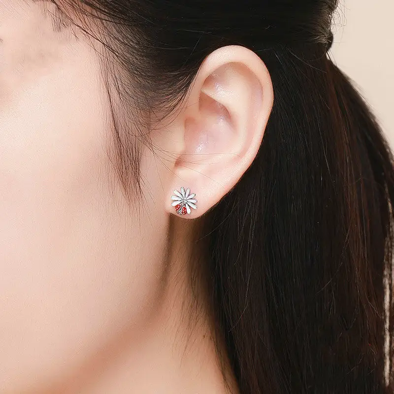 S925 Sterling Silver Ladybug Flower Stud Earrings