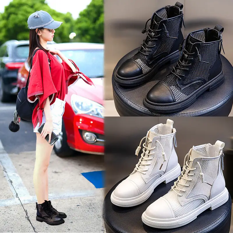 Genuine leather women's round-toed Martin boots
