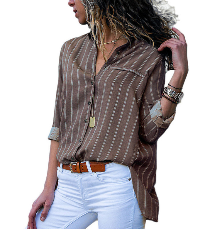 Autumn printed striped long-sleeved lapel ladies shirt