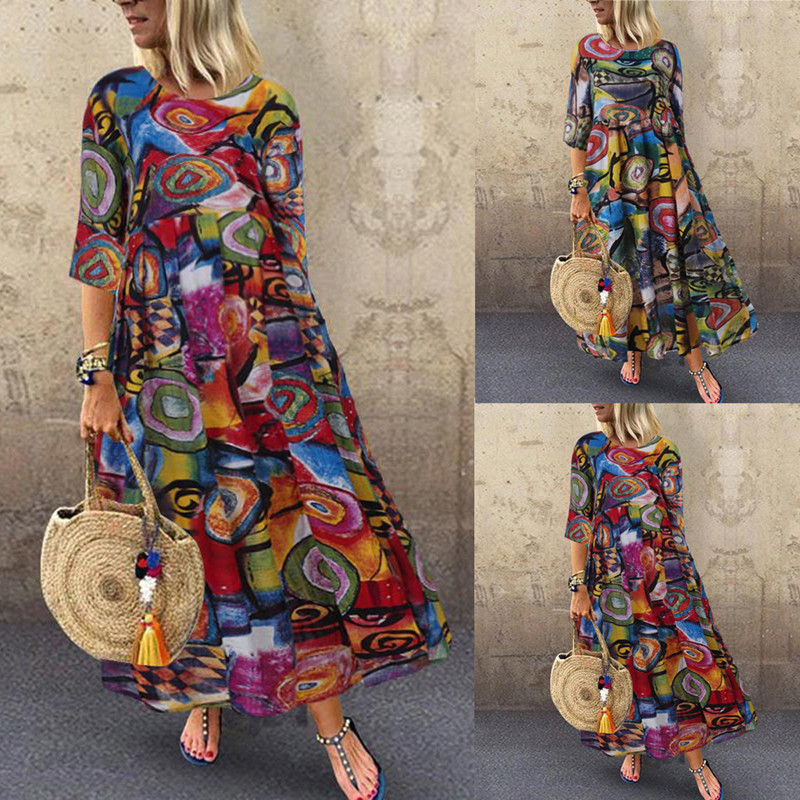 Printed plus size women's long dress