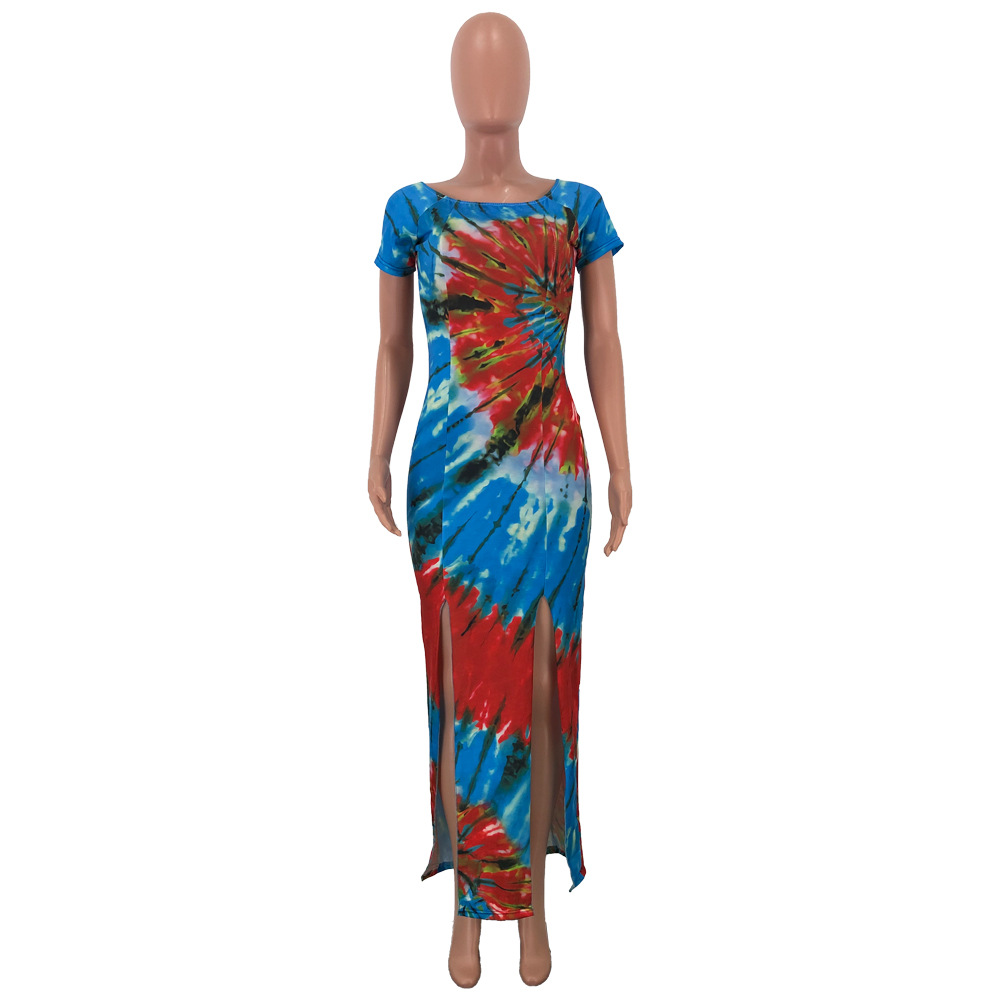 Tie-dye one-shoulder split dress