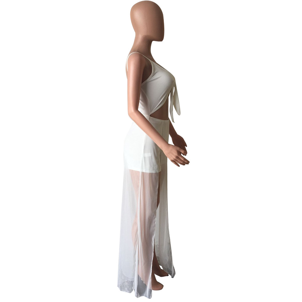 Knotted dress with mesh stitching on the chest