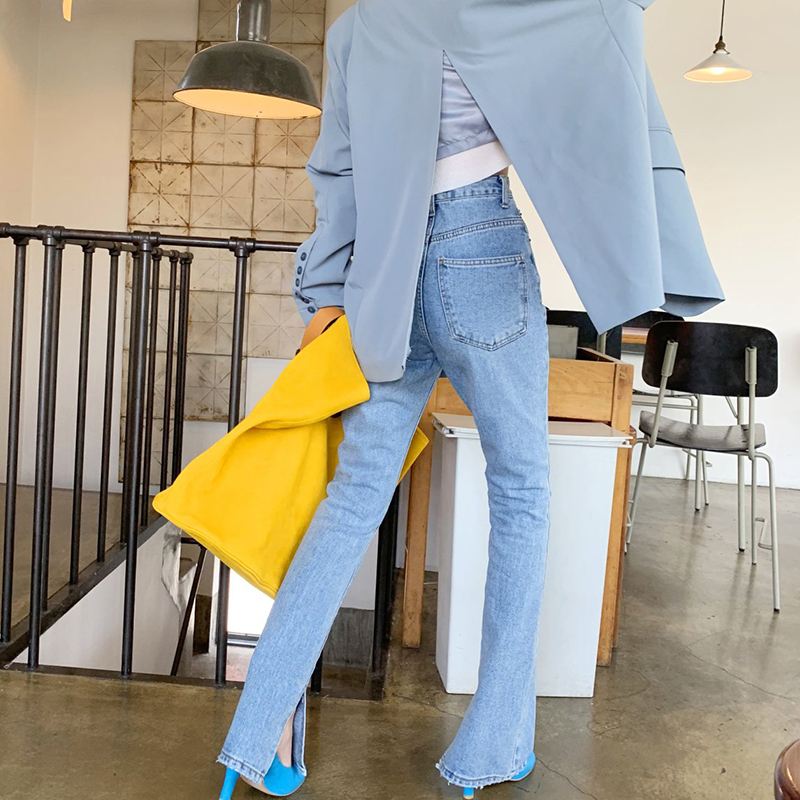 High waist side split slimming straight pants mopping floor jeans