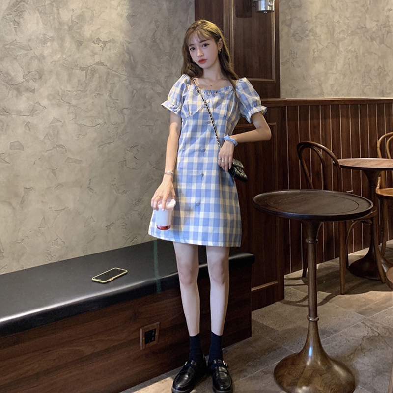 A-line slim waist puff sleeve plaid skirt