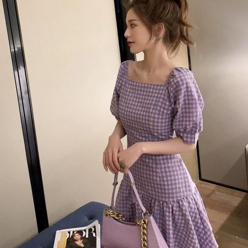 Square collar plaid purple dress