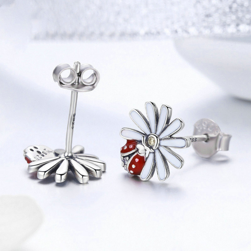S925 Sterling Silver Ladybug Flower Stud Earrings