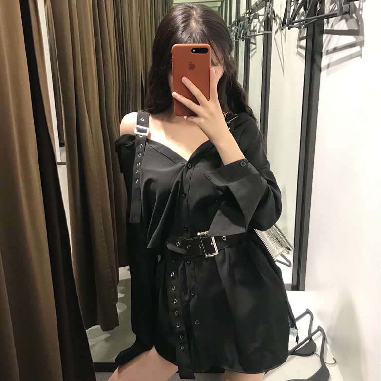 One-shoulder blouse mid-length shirt skirt